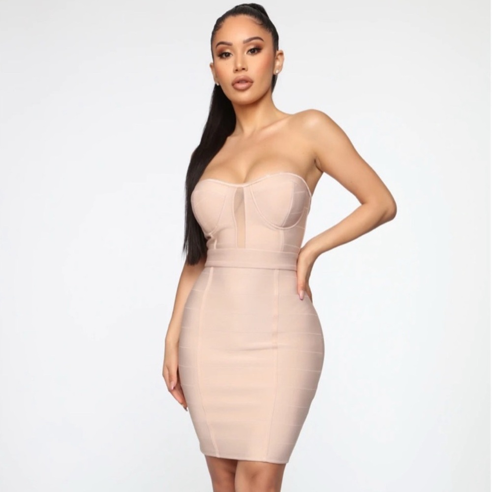 Fashion Nova Strapless Sweetheart Bodycon Dress Tan